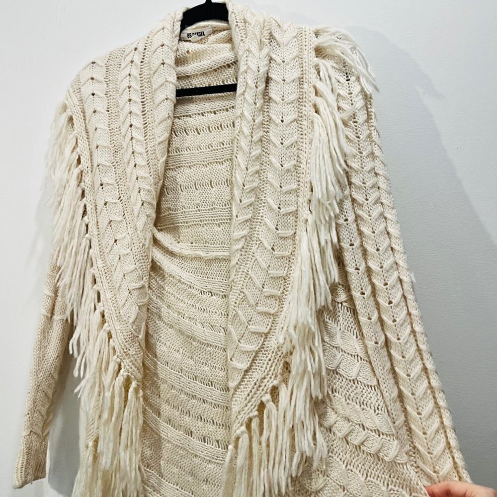 Anthropologie BB Dakota Karli Fringe Cream Long Cable Knit Wool Shawl Cardigan - Picture 6 of 16